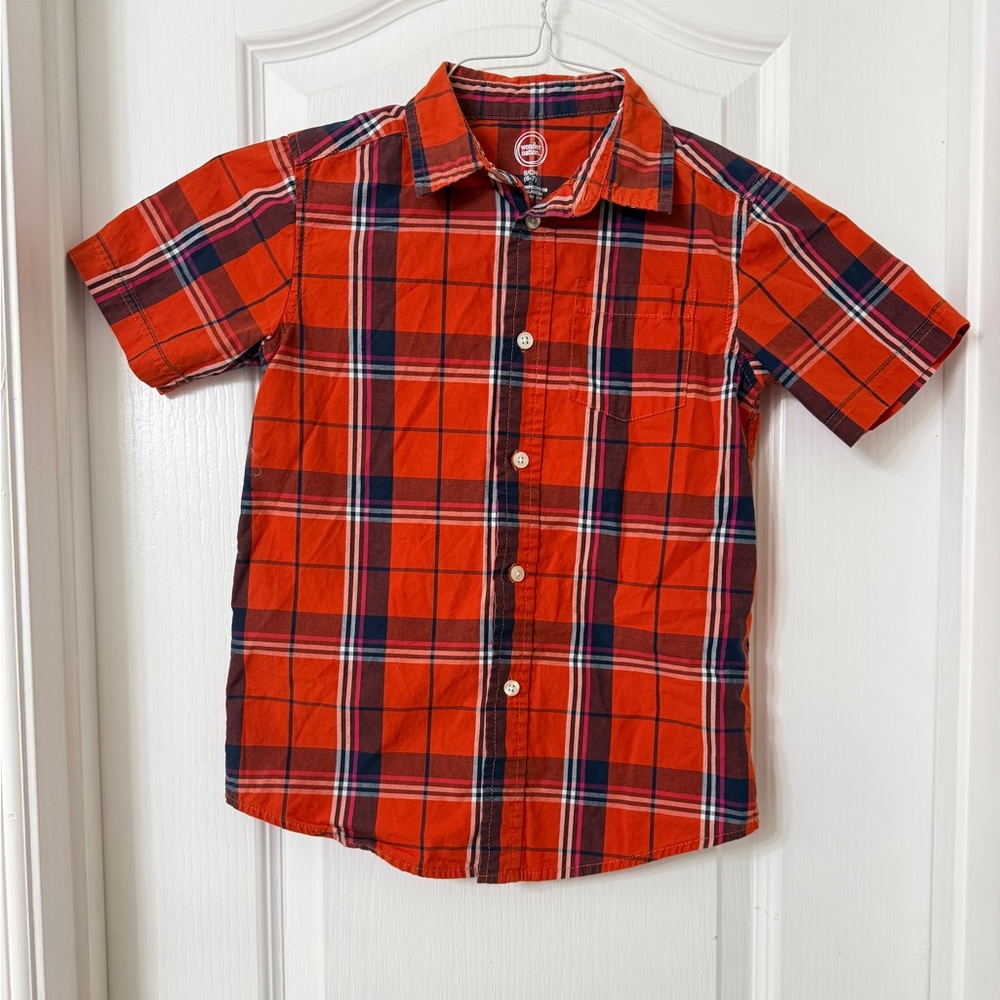 Wonder Nation Boys Short Sleeve Button Down Plaid Shirt Red Size (6-7) S